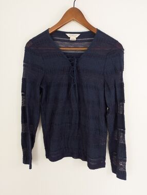 Denim & Supply Ralph Lauren Navy Blue Sheer Lace-Up Long Sleeve Boho Top Large